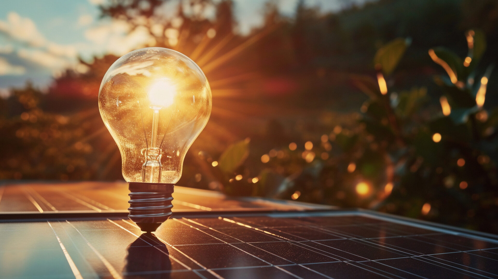 Leuchtende Glühbirne auf PV-Modul bei Sonnenuntergang