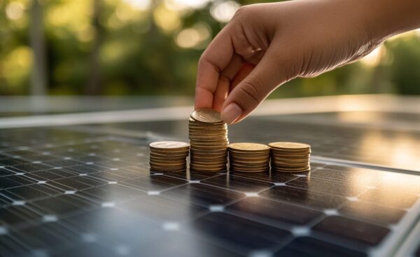 hand holding coins in front of solar panels, showcasing the concept of energy and money savings, renewable energy solutions, and financial efficiency in sustainable green power investments